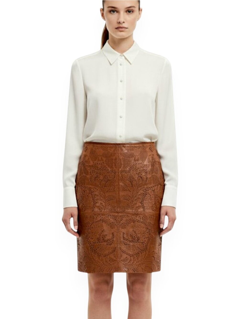Lauren Ralph Lauren Brown 100% Leather Laser Cut Woven Pencil Skirt NWT New 4 8